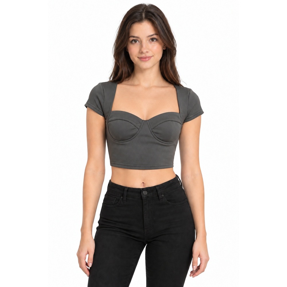 SHEIN Bustier Crop Top Womens Size M Gray Excellent Mesh Inset Exposed Zipper
